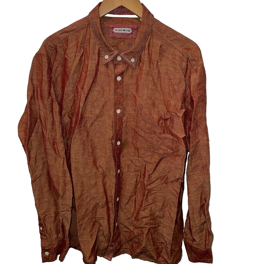 32 Bar Blues Shirt Mens XL Copper Metallic Linen Rayon Blend